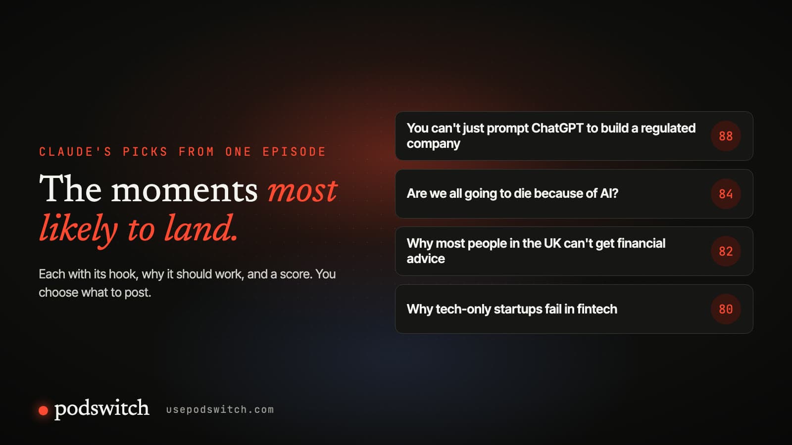 A list of suggested clips from one podcast episode, each with a title and a score out of 100.